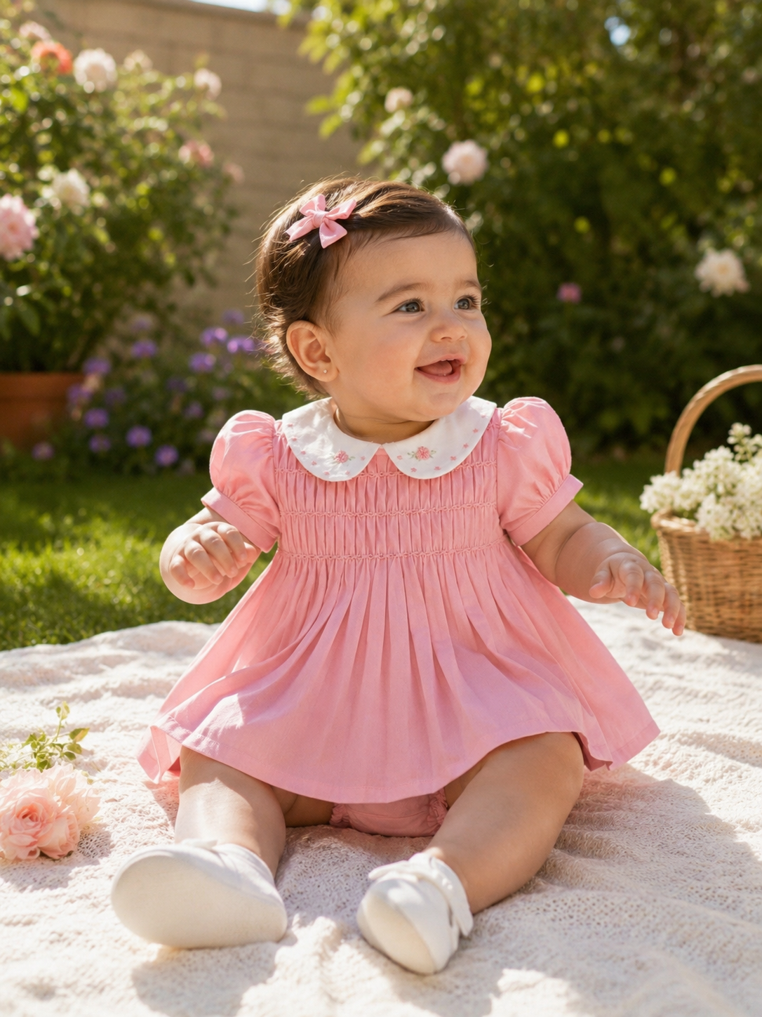 Pink smocked dress with an embroidered white collar, matching bloomers.